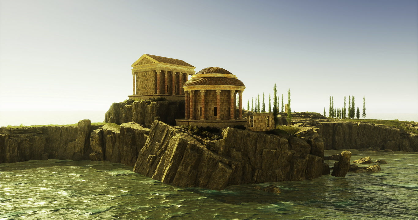 Ancient temple complex overlooking tranquil waters at sunset