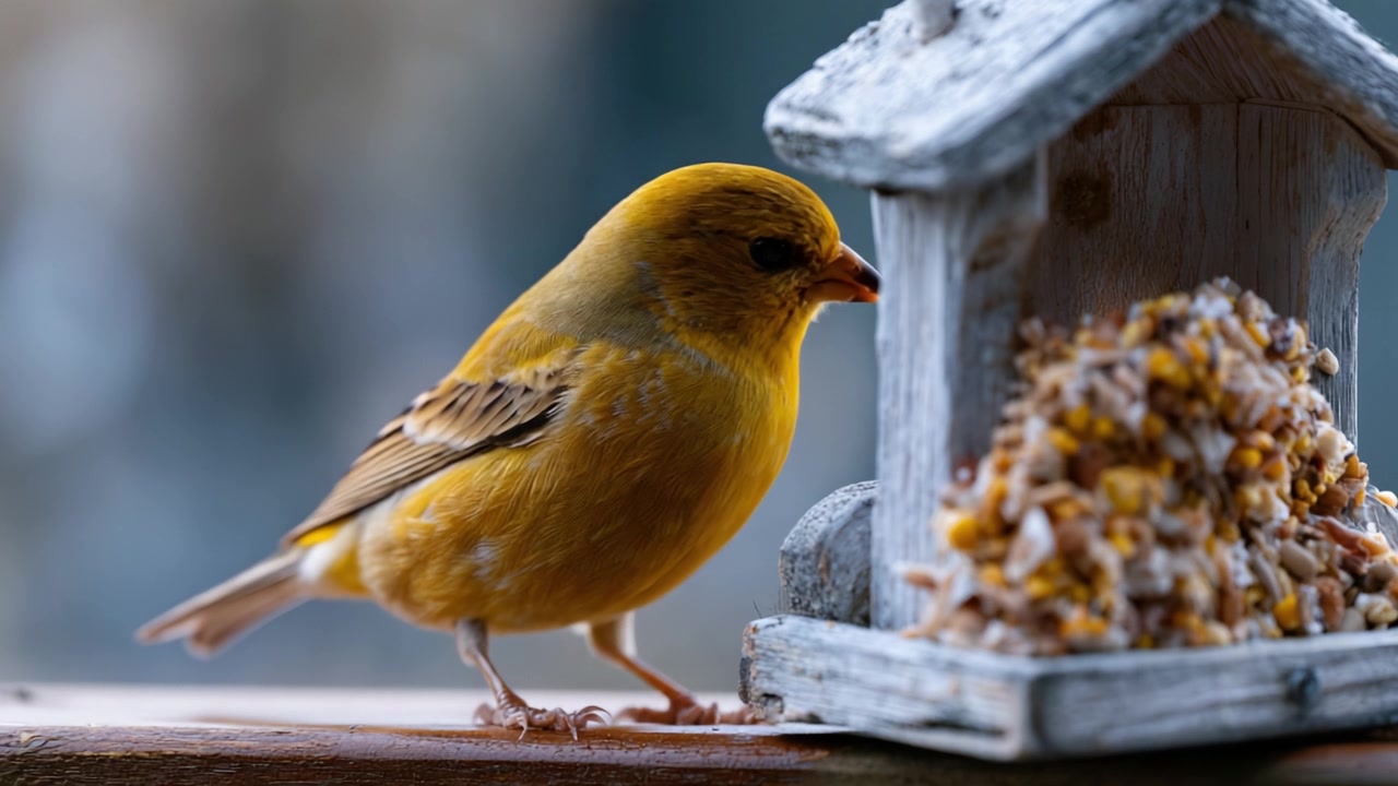 En levende gul kanariefugl nærmer sig et rustikt fuglehus fyldt med frø, hvilket viser en smuk interaktion mellem vild natur og fodringsvaner