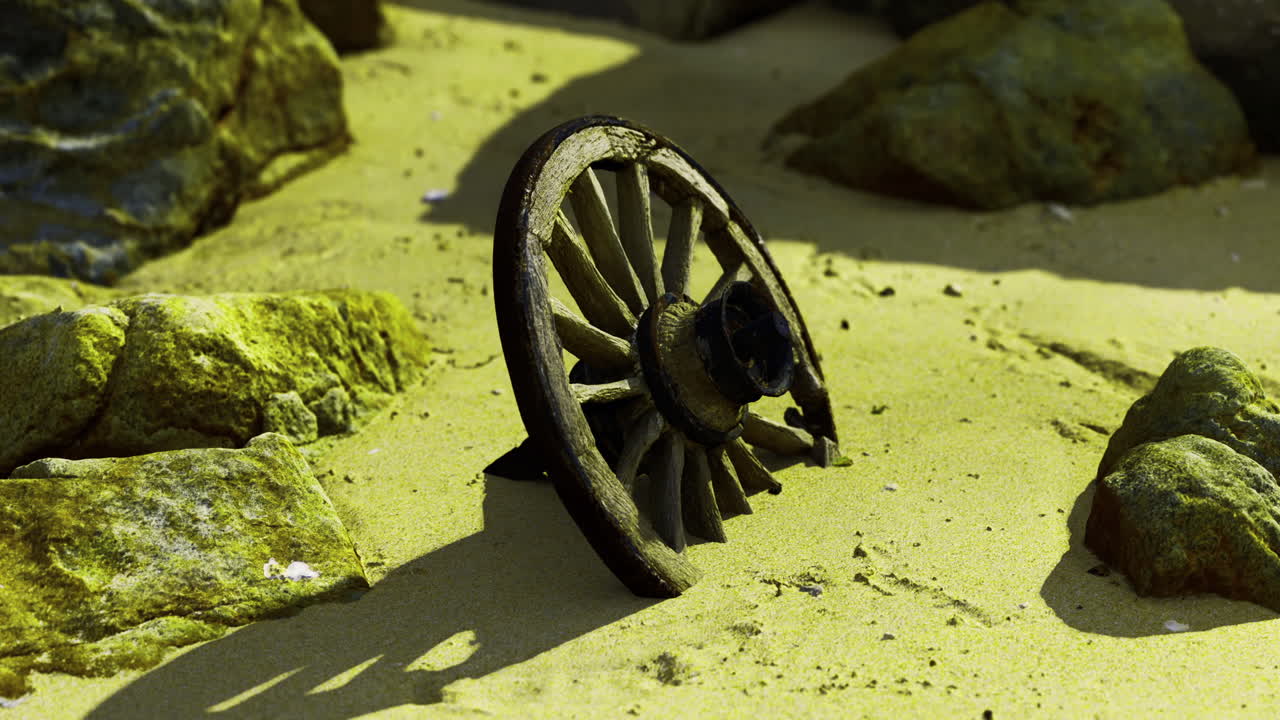 Old wooden wheel rests on sandy beach near rocky shoreline during golden hour