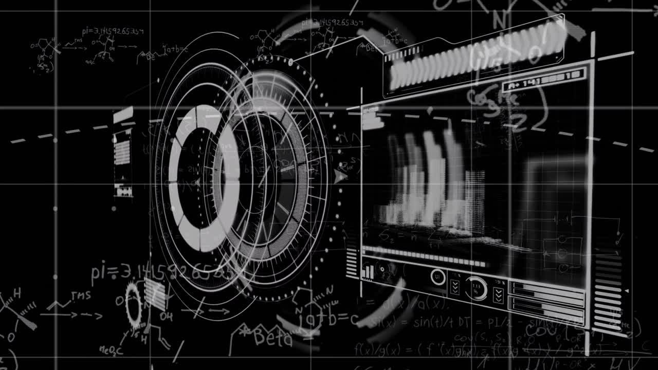 검은색 바탕에 수학적 방정식으로 데이터 처리 및 범위 스캔의 애니메이션