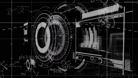 animación del procesamiento de datos y el escaneo del alcance con ecuaciones matemáticas en fondo negro