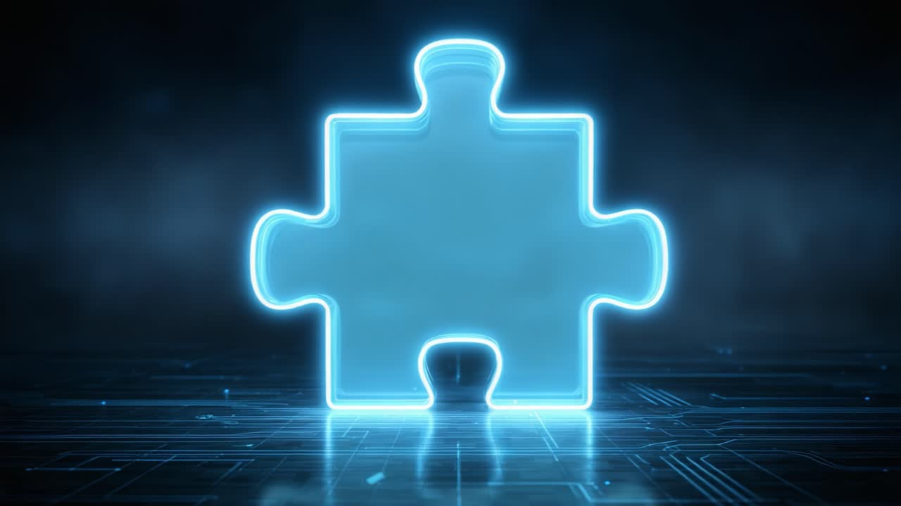 Futuristic Neon Puzzle Piece Illuminated Against a Dark Technological Background, Representing Connection, Completion, and Digital Innovation