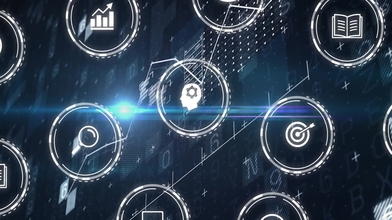 Animation of business icons over data processing on black background