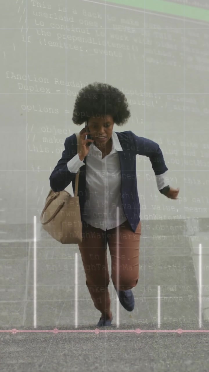 Animazione di donna afroamericana che parla al telefono e guarda l'orologio mentre sale le scale