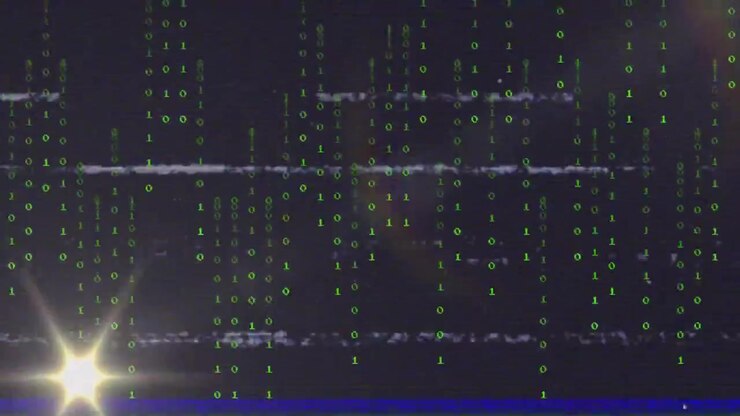 Static lines shifting starting binary code falling, scan line flashing flare pulsing showing glitch