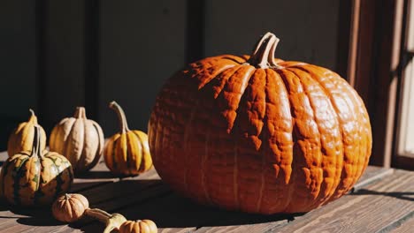 Warm-toned video still of pumpkins on a wooden table, captured from a low angle