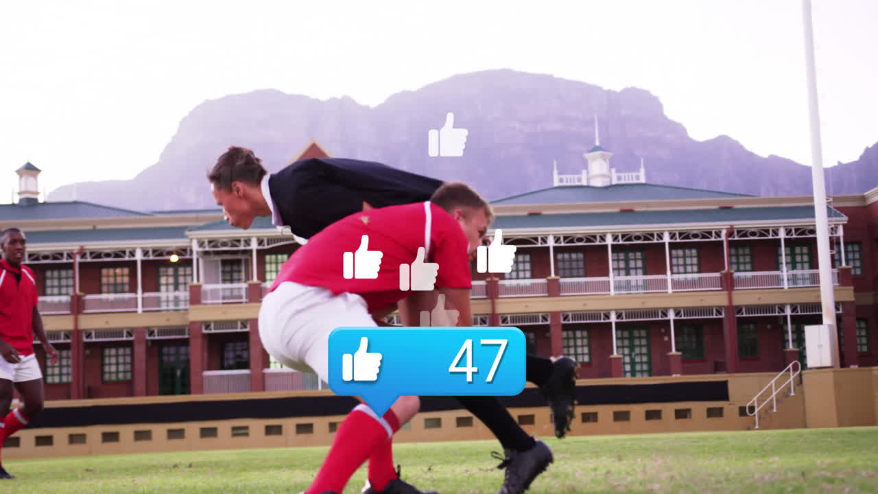 Two soccer players colliding on field with social media likes animation overlay