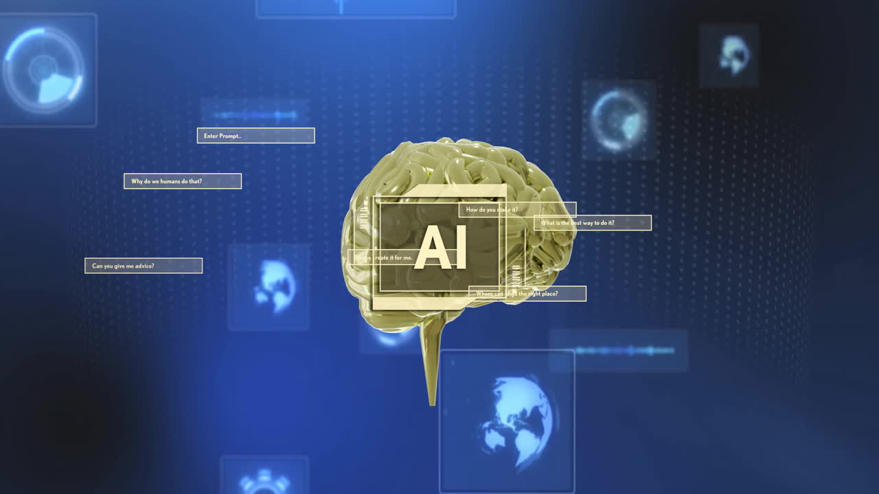 파란색 배경에 디지털 뇌와 기술 아이콘에 대한 텍스트 애니메이션