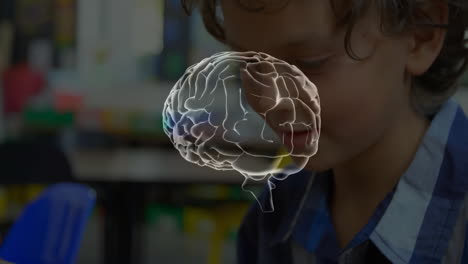 estudiando en el aula, niño con animación de actividad cerebral sobre la cabeza
