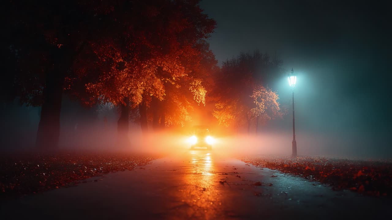A Mysterious Night Stroll: An Enigmatic Scene of Fog, Illuminated Trees, and an Approaching Vehicle in an Atmospheric Park Setting