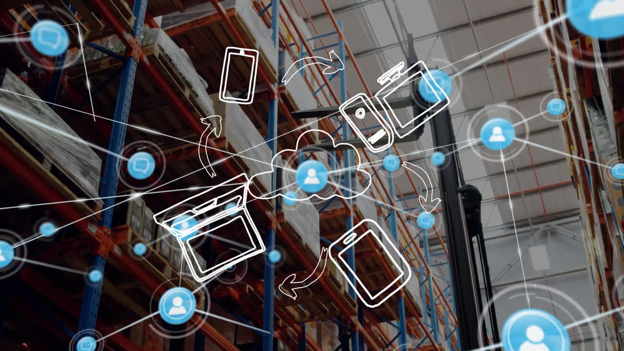 animación de la red de conexiones con iconos sobre el almacén