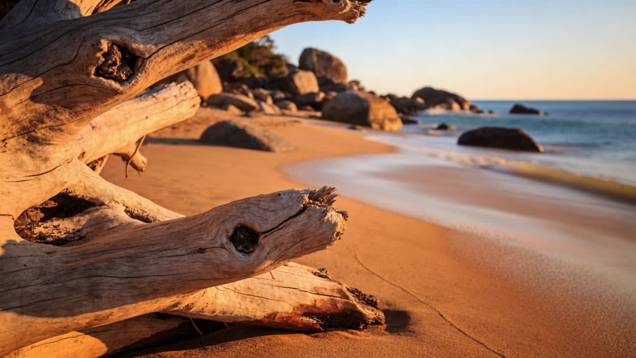 Advancing surf shifting highlights across large driftwood log, sandy beach with rounded boulders