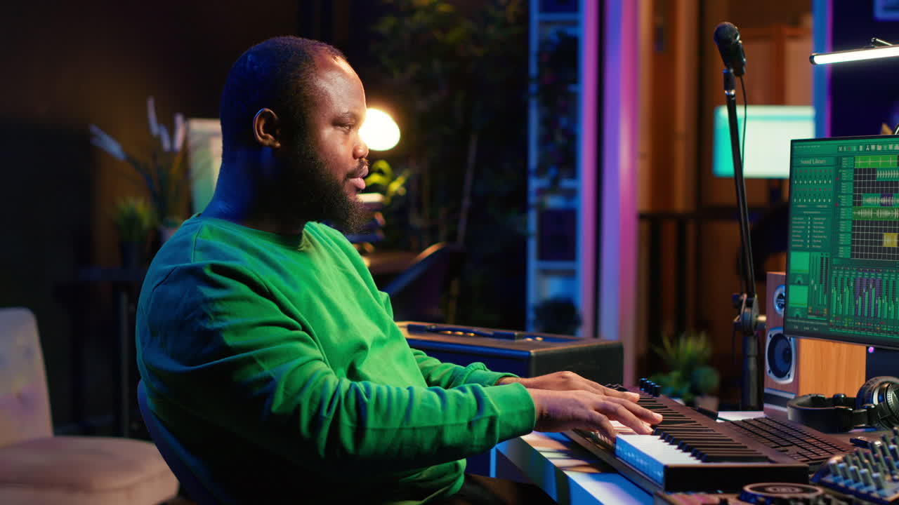 músico tocando el teclado del piano y grabando pistas para la sesión de mezcla y masterización