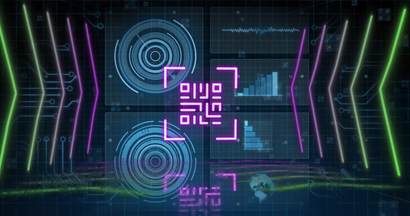 Digital QR Code Scanning Interface with Futuristic HUD Elements