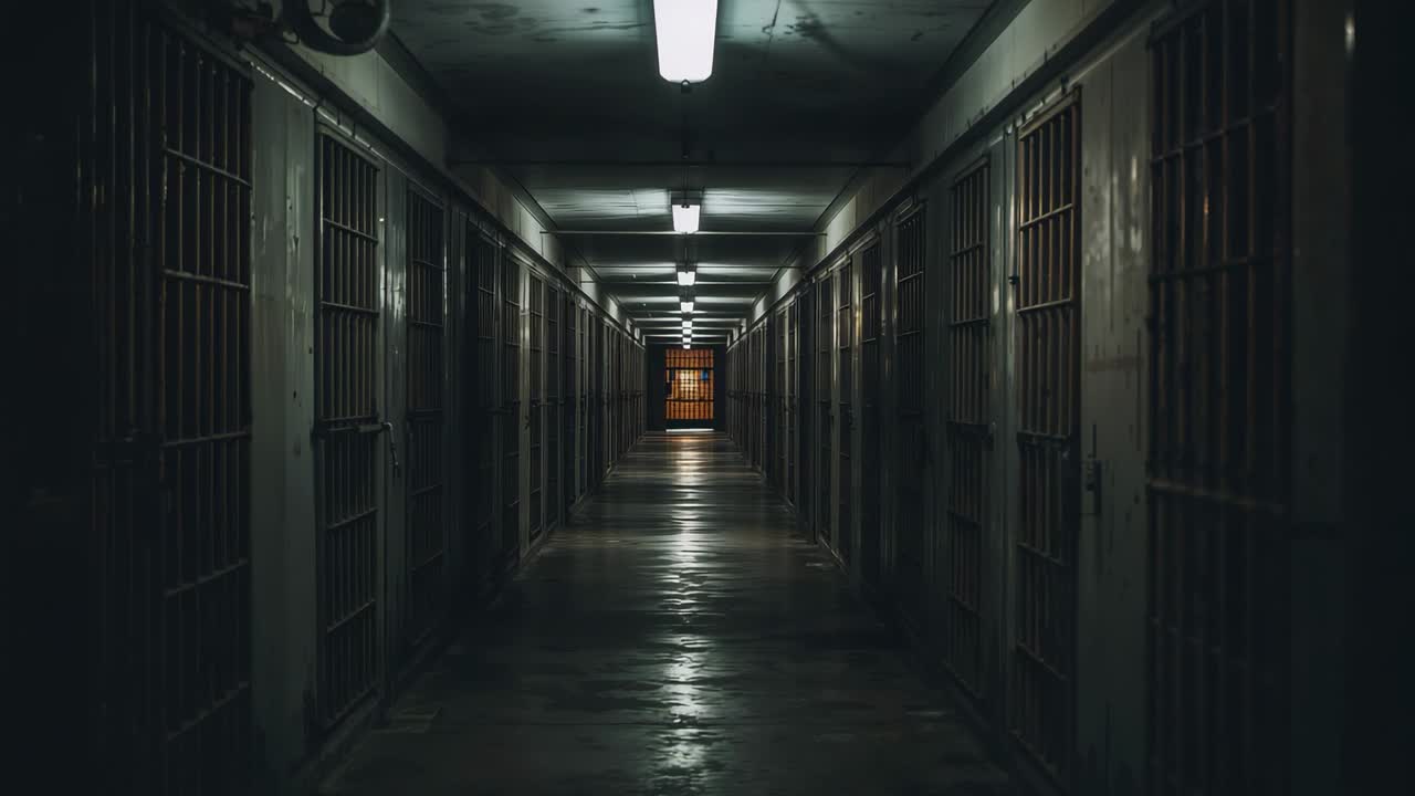 Recording fixed camera capturing cellblock corridor for monitoring, showing doors and amber gate