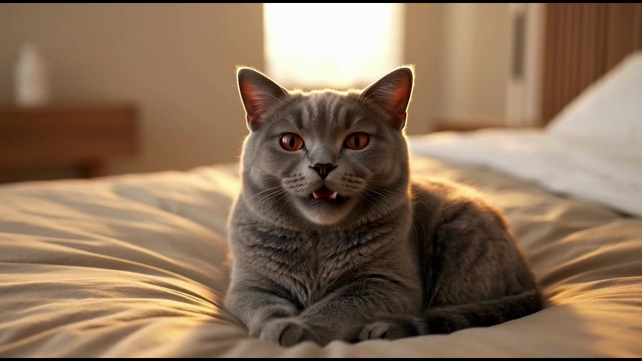 Gatto British Shorthair grigio che riposa su un letto al sole