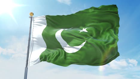bandera de pakistán ondeando en el viento contra el cielo azul profundo. tema nacional, concepto internacional. 3d render ciclo sin costuras 4k