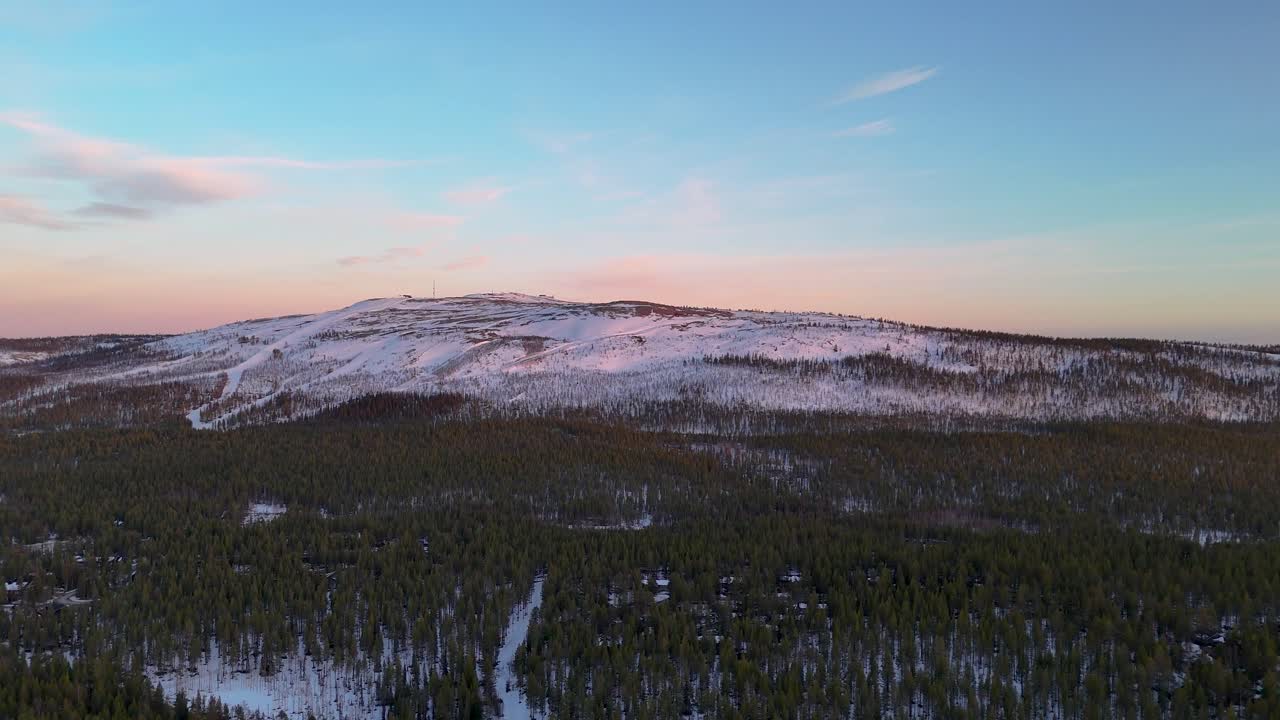 Aerial sunset view to the Levi fell in Lapland, northern Finland.