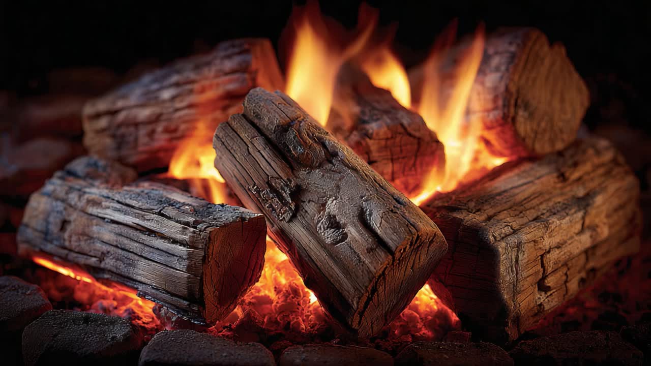 Captivating Flames Dancing Among Stacked Logs: A Glimpse into the Warmth and Beauty of a Majestic Fire Creating an Inviting Atmosphere