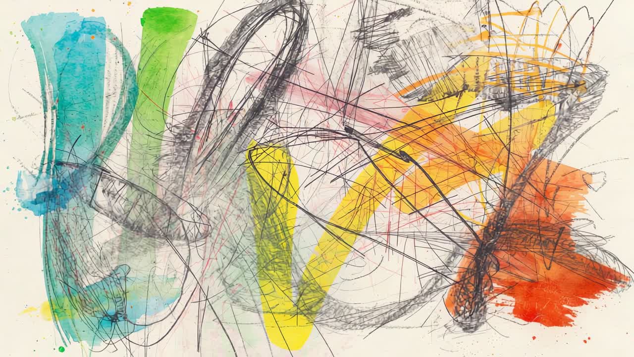 Starting camera panning across abstract canvas in studio on start, revealing teal to orange washes