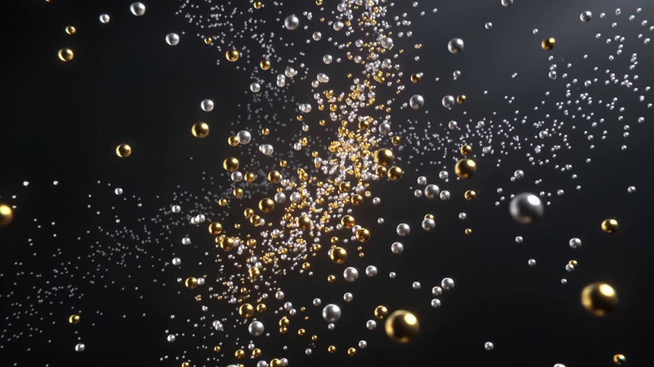 Telecamera in Movimento che Genera una Densa Colonna di Polvere che si Innalza in un Vuoto Oscuro con Sfere d'Oro e d'Argento che Mostrano la Profondità