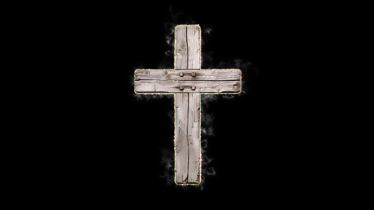 Design dettagliato di una croce cristiana in legno invecchiato 3D 08, con venatura del legno invecchiata, bordi consumati, texture rustica ed effetti VFX di fumo sottili su sfondo nero. Cristianesimo, fede, religione