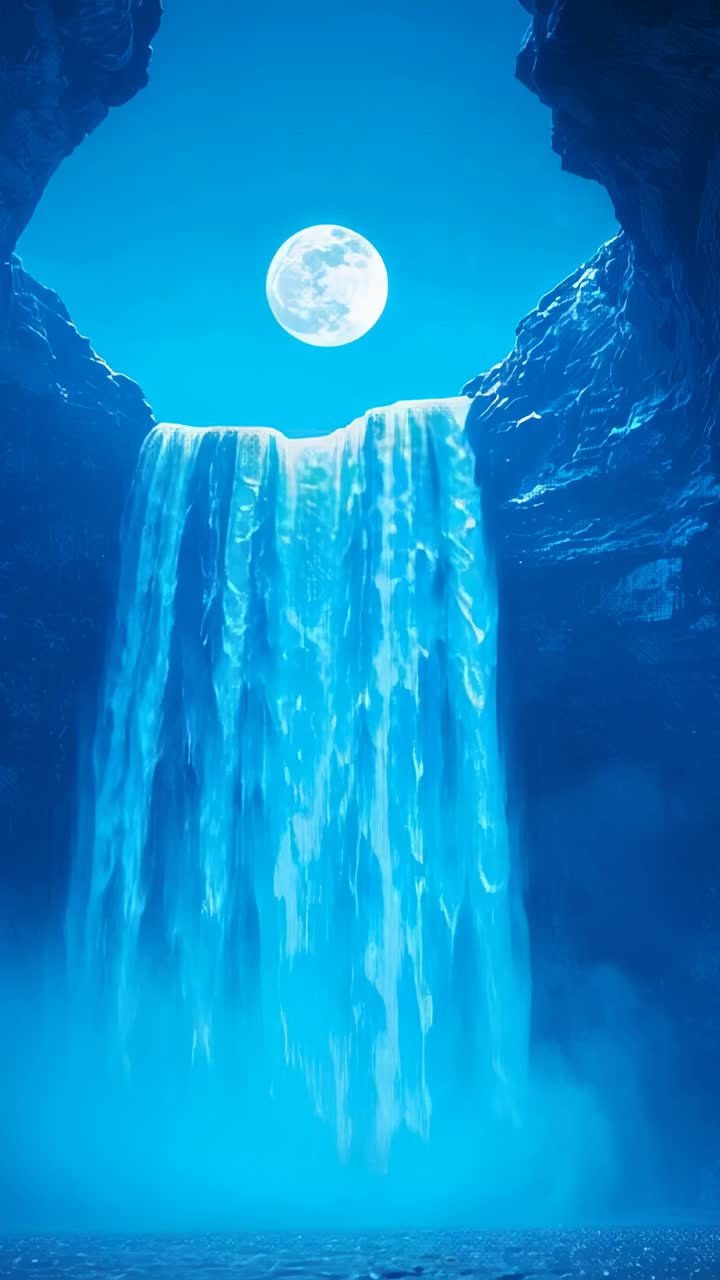 Vertical video: Full moon rising over gorge wall casting blue light as falls pouring into mist pool