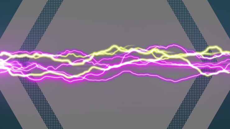 Animazione di correnti elettriche rosa, gialle e bianche su esagoni grigi, su sfondo nero.