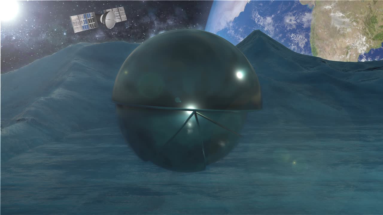 달 표면의 미래 로, 외계 기술의 개념, 배경에 위성이 있는 지구 행성.