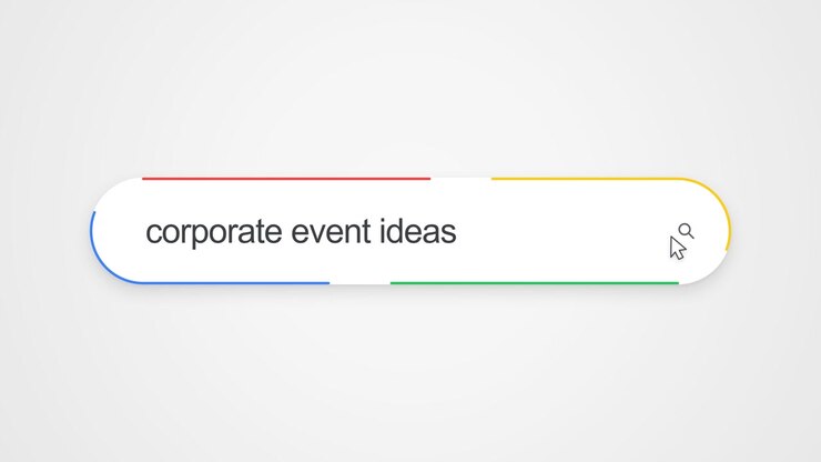 Typing Corporate Event Ideas Into Google Search Bar With Multicolored Border. close-up shot