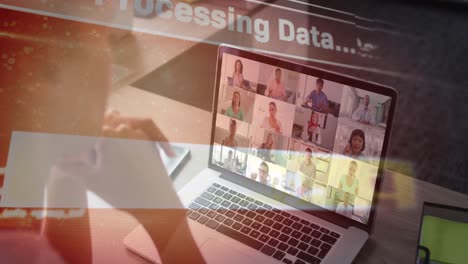 Animation-of-data-processing-over-african-american-businesswoman-having-video-call