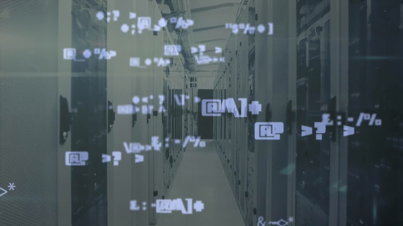 animación de múltiples símbolos y signos contra la sala del servidor en el fondo