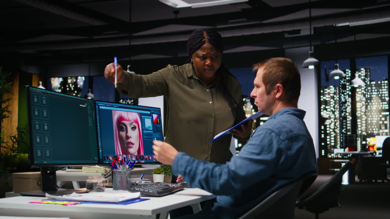 Diverse photo editing team generating AI content and retouching pictures