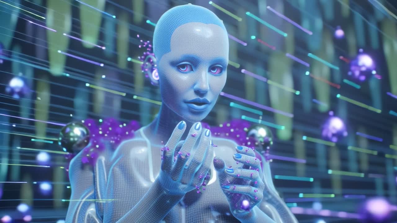 A futuristic digital figure interacts with vibrant, floating orbs in a mesmerizing display of holographic light, showcasing the intersection of technology and art in a captivating visual experience