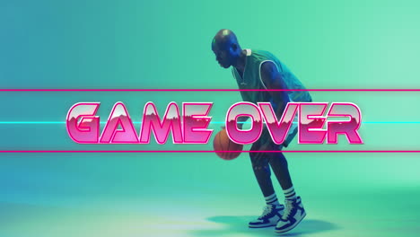 animación de juego sobre texto sobre patrón de neón y jugador de baloncesto afroamericano.