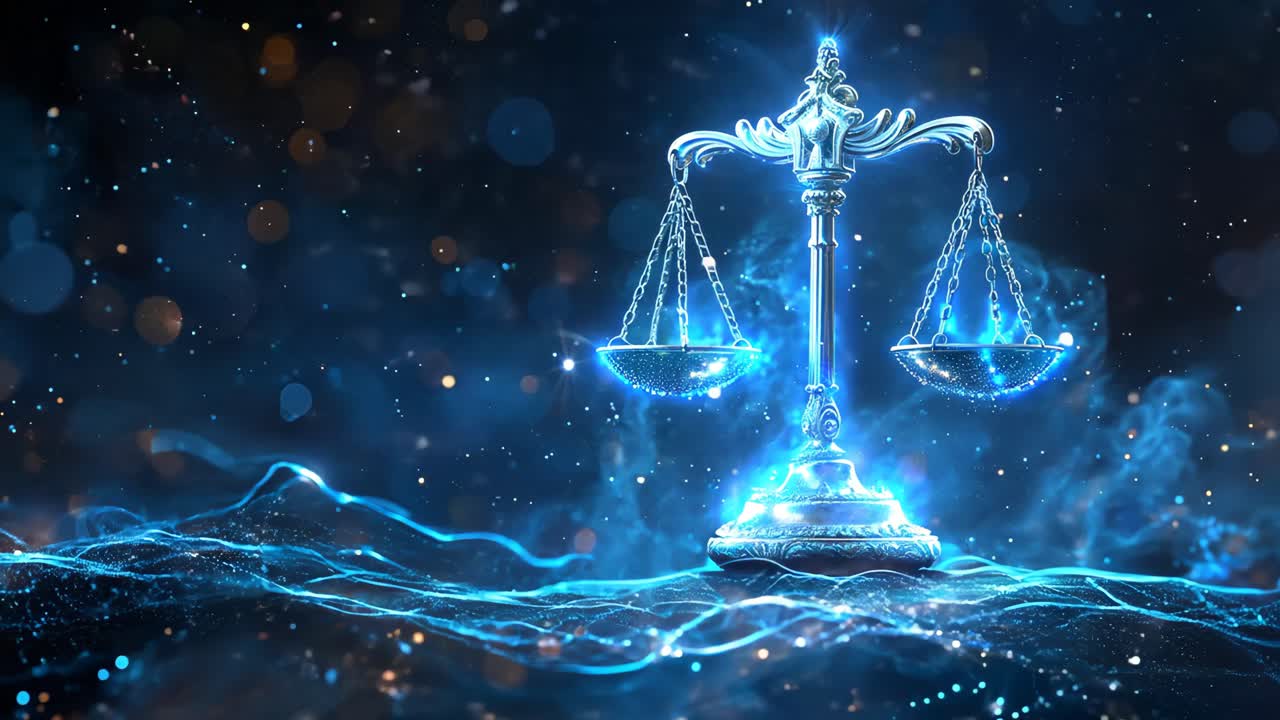 A scale with a chain hanging from it is suspended in the air. The scale is suspended in the air and is surrounded by a blue and purple background