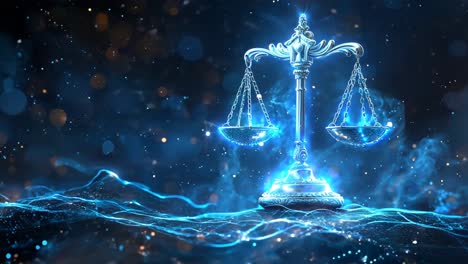 a scale with a chain hanging from it is suspended in the air. the scale is suspended in the air and is surrounded by a blue and purple background
