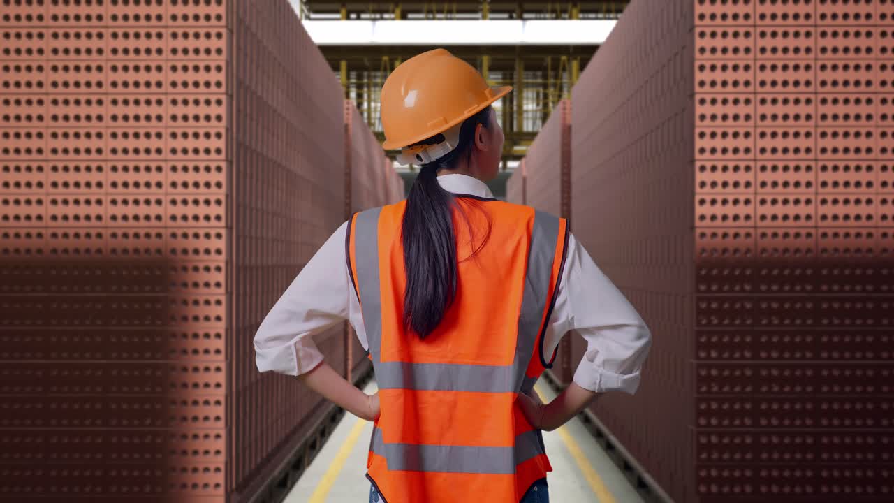 Back View Of A Female Engineer Wearing Safety Helmet Looking Around While Standing With Arms Akimbo With Red Brick Packed in Stacks Are Stored