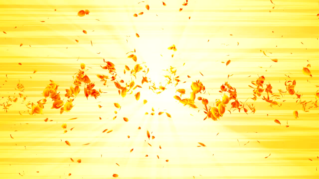 노란 잎의 소용돌이, 계절 잎의 나선형 반이는 입자, 춤추는 잎, 다채로운 자연 터널 루프 애니메이션.