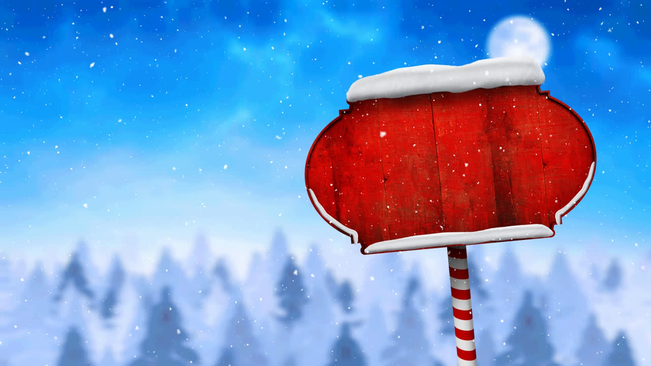 Animation of snow falling and north pole sign with copy space over winter scenery