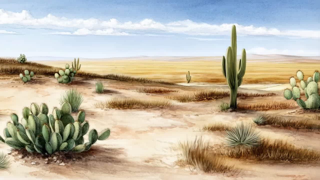 Arid Desert Landscape with Cacti Under a Blue Sky