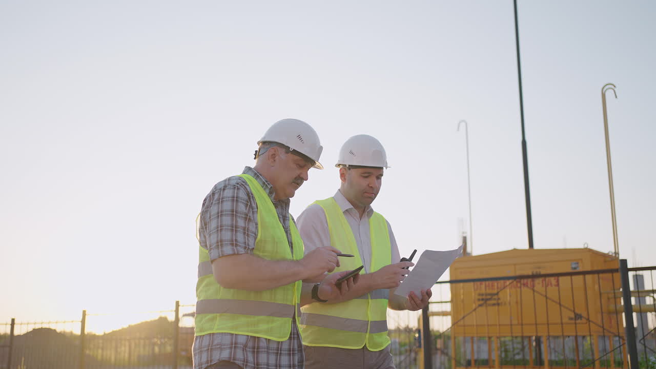 dos ingenieros discutiendo un proyecto en un sitio de construcción un trabajador usando un casco durante la puesta de sol