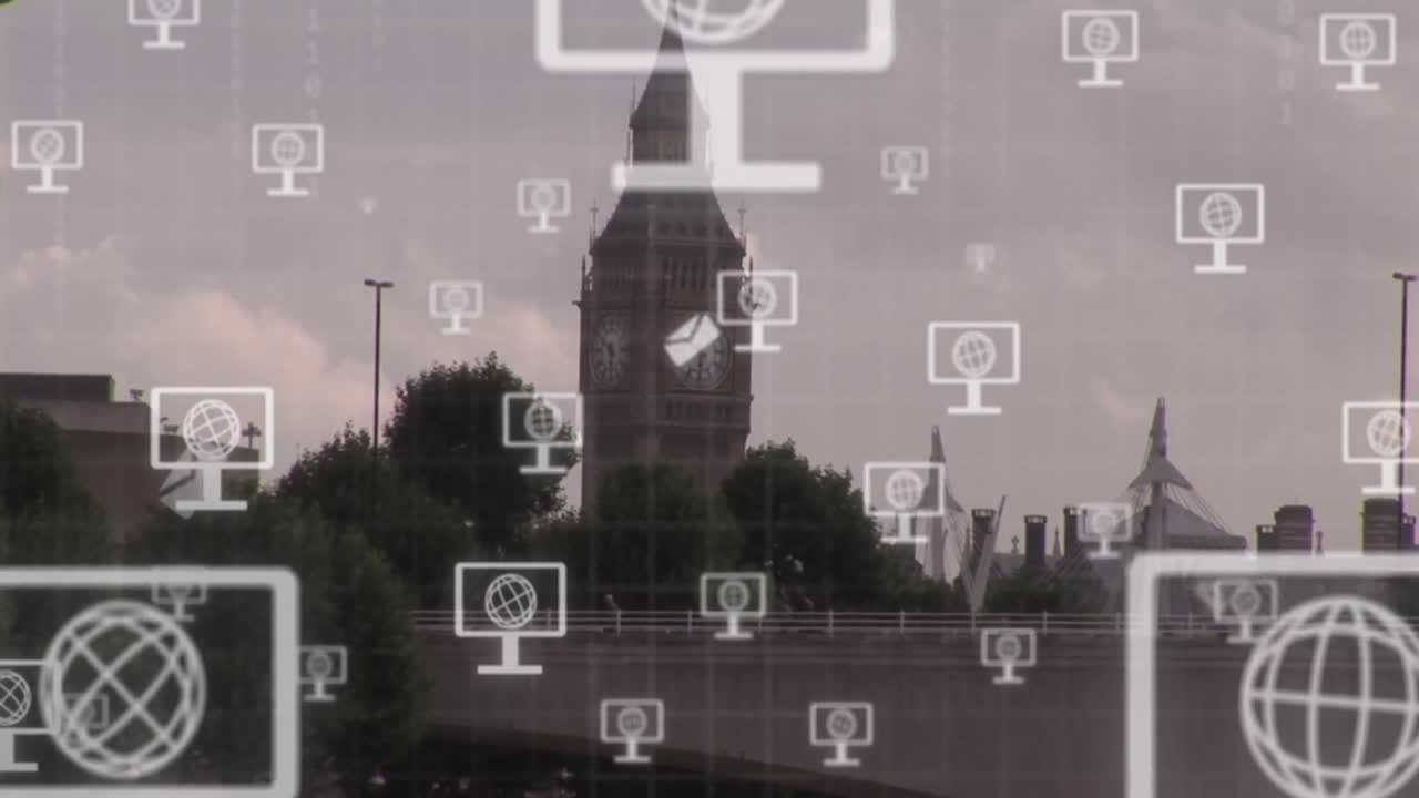 animación de una red de iconos de pantalla con globos sobre el paisaje urbano.