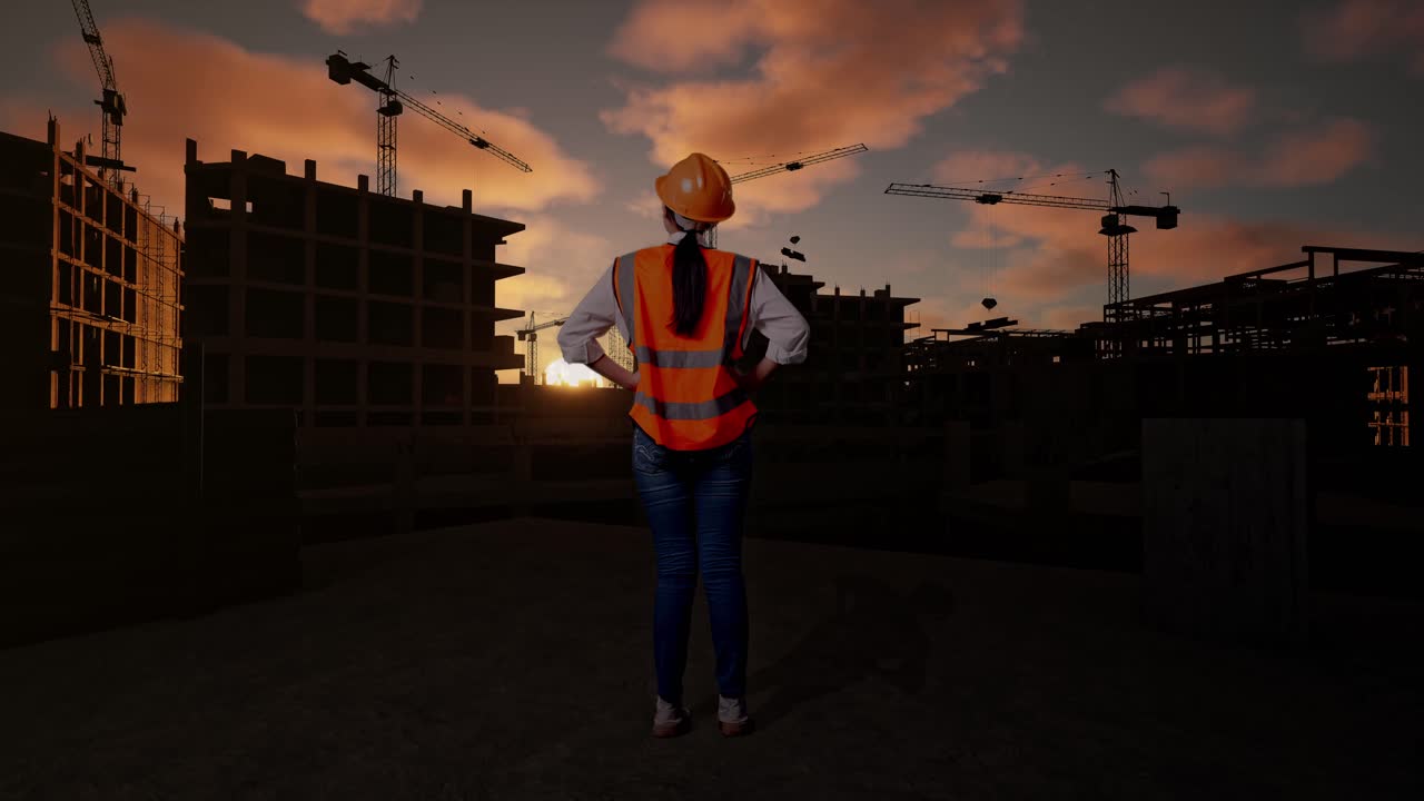 Full Body Back View Of A Female Engineer Wearing Safety Helmet Looking Around While Standing With Arms Akimbo At Construction Site in Progress to New House