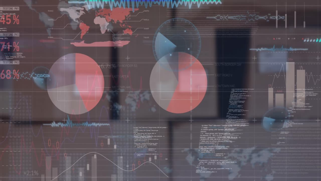 animación del procesamiento de datos estadísticos contra la pila de cajas de entrega en el almacén