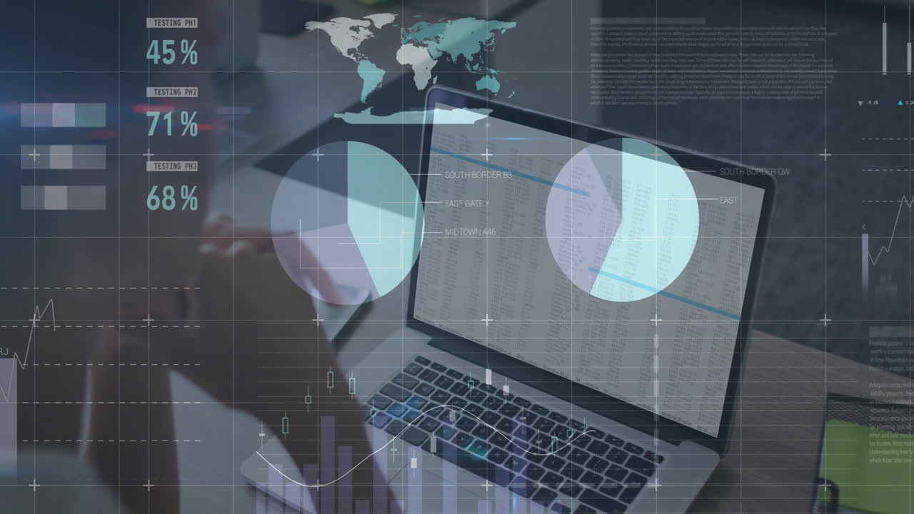 Woman typing on laptop at wooden desk, showing animated finance charts and world map overlays