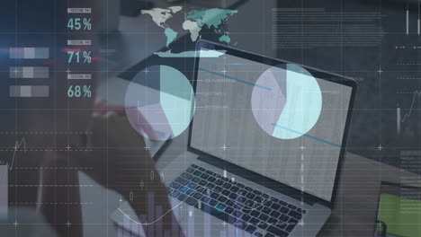 woman typing on laptop at wooden desk, showing animated finance charts and world map overlays
