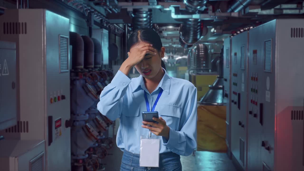 Asian Female Professional Worker Standing With Her Smarphone In Engine Control Room, She Is Nodding Her Shead With Dissapionted