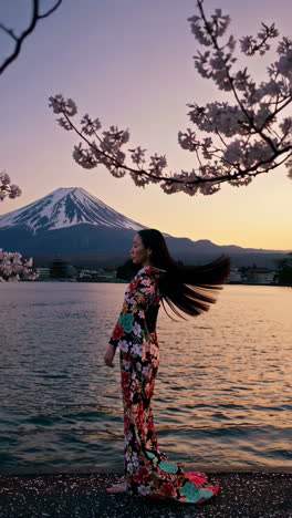 woman in kimono with mount fuji at sunset