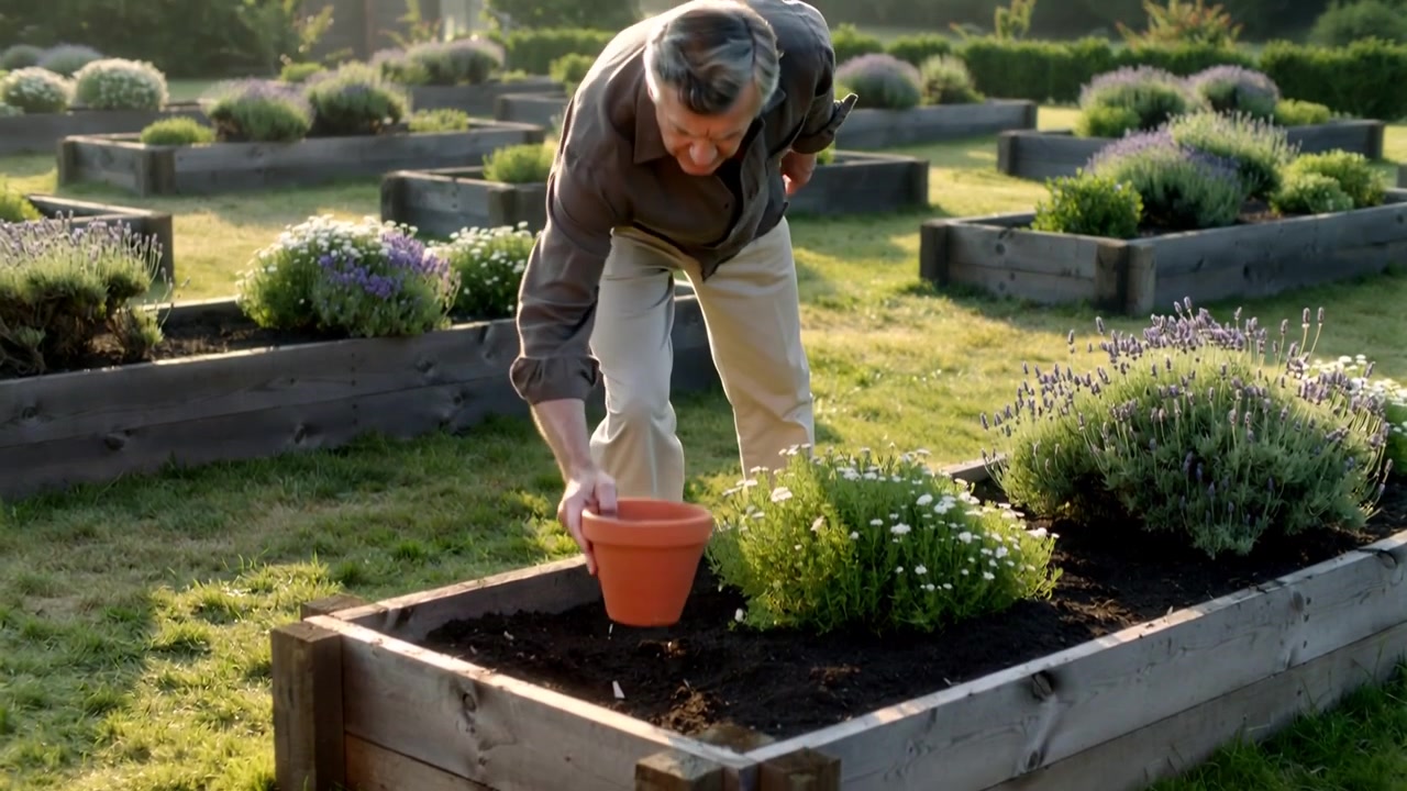 Anziano che cammina, tiene un vaso di terracotta e una paletta, e si china per piantare in un'aiuola rialzata vicino alla lavanda.